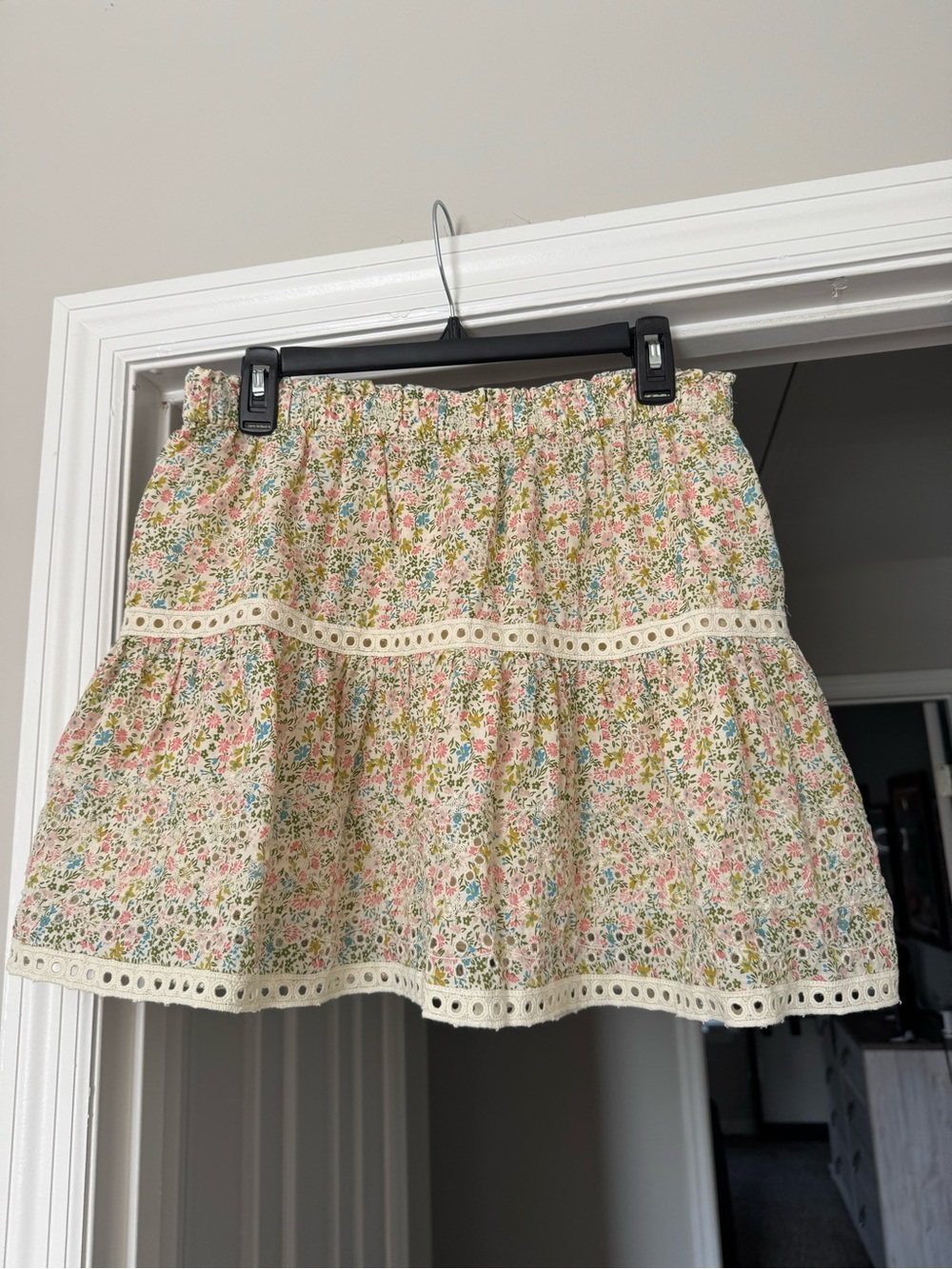 Floral Cream Tiered Mini Skirt with Eyelet Trim